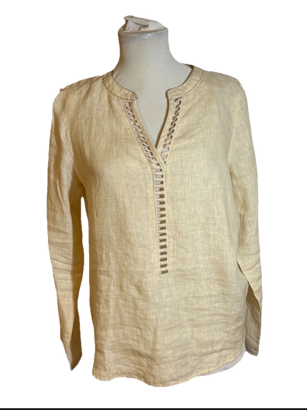 Karyn Seo Ivory~Ecru Long Sleeve Linen Pull Over Shirt Handmade